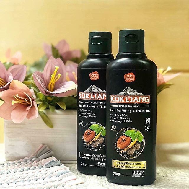 Натуральный шампунь и кондиционер от выпадения для темных волос Kokliang Hair Darkening & Thickening 200 мл. Таиланд